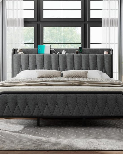 Feonase King Bed Frame with Type-C & USB Port, Metal Platform Beds, with Linen Upholstered Headboard & Footboard, 12" Underbed Storage Space, Easy Assembly, Noise-Free, Dark Gray - LeafyLoom