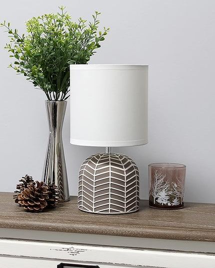 Simple Designs LT1137-TAU 10.43" Petite Contemporary Webbed Waves Base Bedside Table Desk Lamp w White Fabric Drum Shade for Home Decor, Bedroom, Living Room, Entryway, Office, Taupe - LeafyLoom
