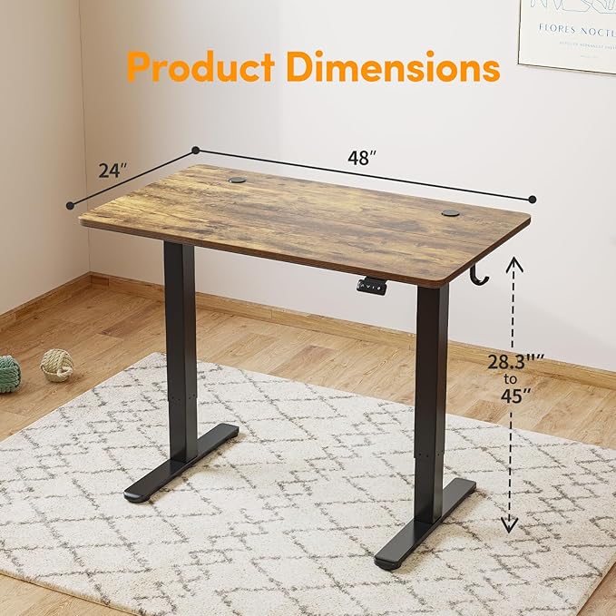 Cubiker Standing Desk 48 x 24 Inch, Stand up Height Adjustable Desk, Home Office Electric Table, Sit Stand Desk with Splice Board, Black Frame & Rustic Brown Desktop - LeafyLoom