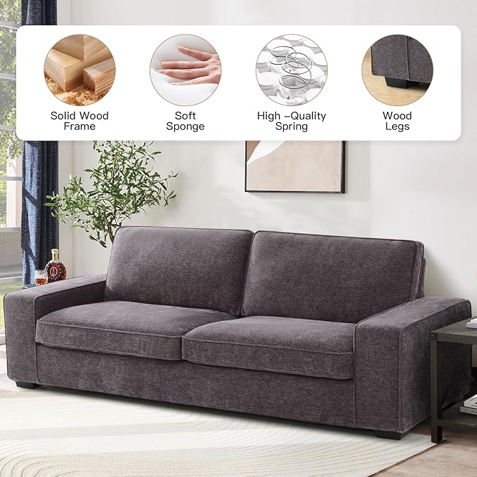 EASELAND Sofa Couch, 88" Chenille Loveseat for Living Room, 3 Seat Lounge Sofa for Bedroom with Removable Back and Seat Cushions, Modern Deep Comfy Couch with Solid Wood Legs and Armrest (Dark Grey) - LeafyLoom