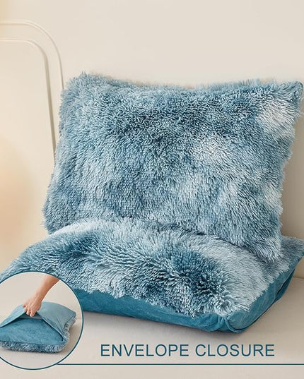 WINLIFE Shaggy Bedding Comforter Set Full Blue Faux Fur Flannel Furry Comforter Plush Comforter Sets Gradient Ombre Tie Dye Bedding for Teens Adults (3Pcs, Full, Smoke Blue) - LeafyLoom