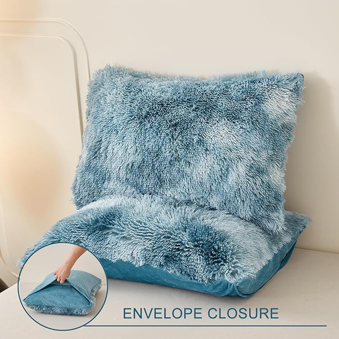 WINLIFE Shaggy Bedding Comforter Set Full Blue Faux Fur Flannel Furry Comforter Plush Comforter Sets Gradient Ombre Tie Dye Bedding for Teens Adults (3Pcs, Full, Smoke Blue) - LeafyLoom