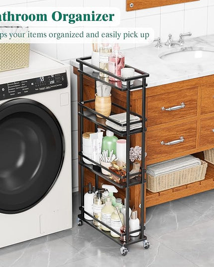 Slim Storage Cart 4 Tier Narrow Kitchen Rolling Cart on Wheels for Small Space, Mobile Spice Rack Seasoning Organizer Utility Serving Cart for Kitchen Bathroom Laundry, Black - LeafyLoom