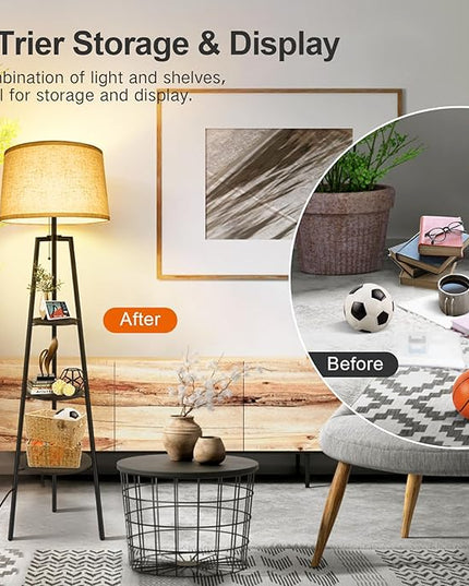 OUTON Tripod Floor Lamp with Shelves, Modern Shelf Floor Lamp with 3 Color Temperature, LED Dimmable Tall Standing Corner Lamp with Beige Linen Texture Shade for Living Room, Bedroom, Office, Vintage - LeafyLoom