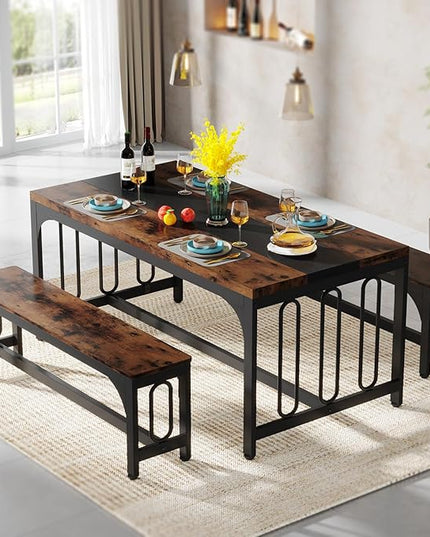 Tribesigns 55 Inch Dining Table Set for 4-6, 3-Piece Kitchen Table with 2 Benches, Space-Saving Dining Room Table Set for Home Kitchen, Restaurant, Rustic Brown - LeafyLoom