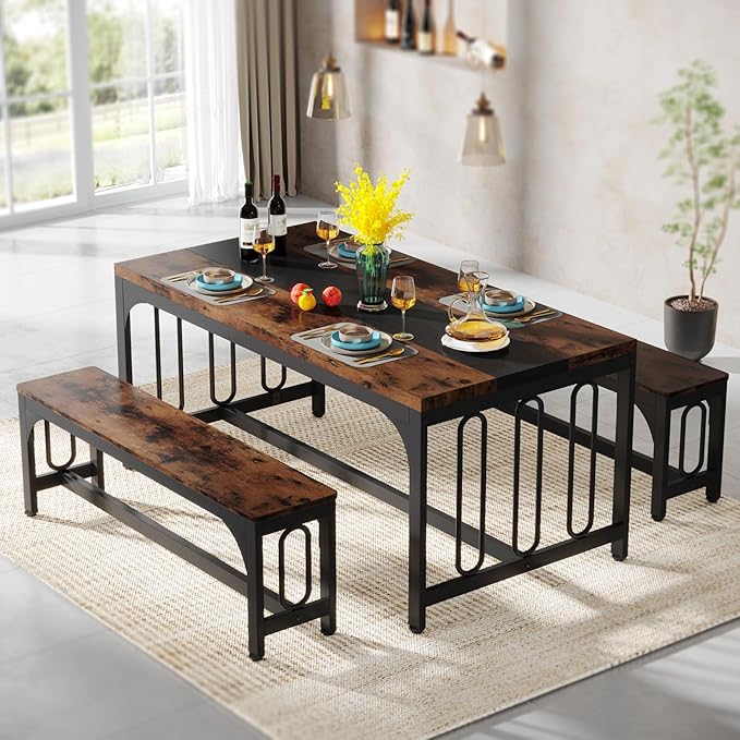 Tribesigns 55 Inch Dining Table Set for 4-6, 3-Piece Kitchen Table with 2 Benches, Space-Saving Dining Room Table Set for Home Kitchen, Restaurant, Rustic Brown - LeafyLoom