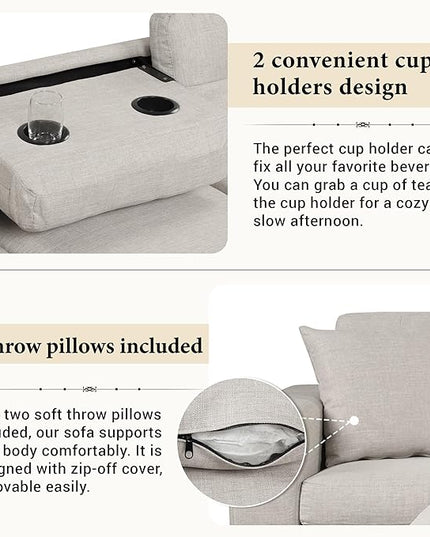 104.5" Modern L-Shape Sectional Sofa with Reversible Chaise &Storage Ottoman, Linen Upholstered Couch w/Rivet Ornament, 2 Pillows and Cup Holder, for Living Room, Apartment - LeafyLoom