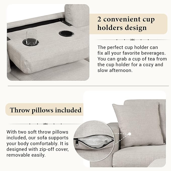 104.5" Modern L-Shape Sectional Sofa with Reversible Chaise &Storage Ottoman, Linen Upholstered Couch w/Rivet Ornament, 2 Pillows and Cup Holder, for Living Room, Apartment - LeafyLoom