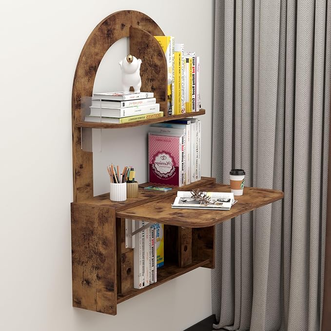 Wall Mounted Drop-Leaf Table, Floating Laptop Desk, Folding Table with Shelves, Multifunctional Computer Workstation Storage Compartments in Home Office for Space Saving (Rustic Brown) - LeafyLoom