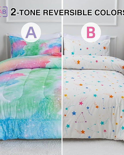 A Nice Night Galaxy Bedding Sets Outer Space Comforter 3D Printed Space Quilt Set Twin Size Glitter Pink Green Color,for Children Boy Girl Teen Kids - LeafyLoom