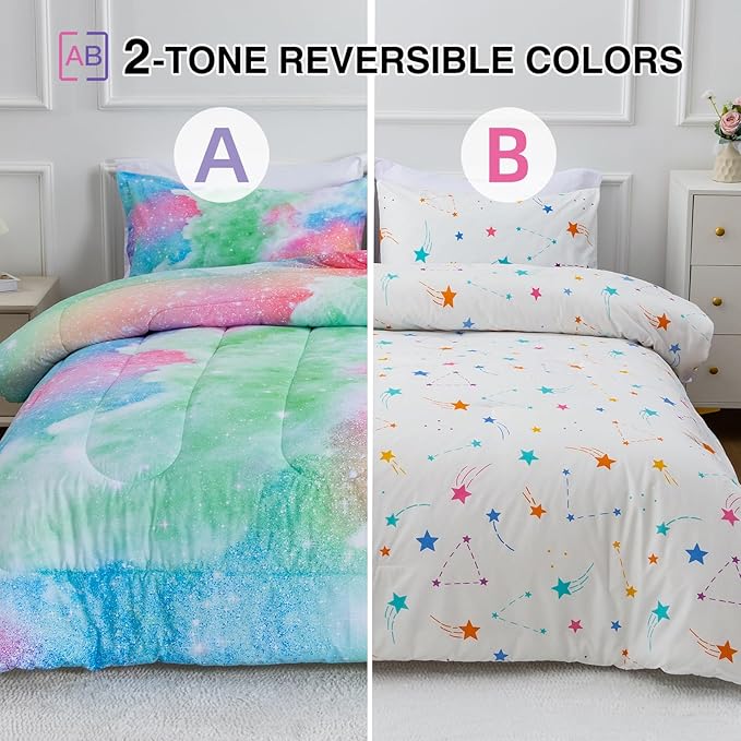 A Nice Night Galaxy Bedding Sets Outer Space Comforter 3D Printed Space Quilt Set Twin Size Glitter Pink Green Color,for Children Boy Girl Teen Kids - LeafyLoom