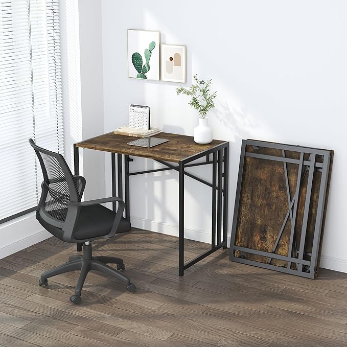 32 inch Small Folding Computer Desk, Writing Gaming Computer Desk for Small Spaces, No Assembly Required Home Office Desk, Rustic Brown - LeafyLoom