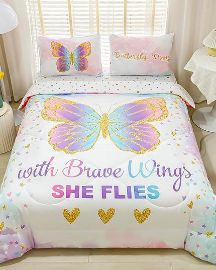Twin Size Comforter Set for Girls, 5-Piece Bed in a Bag, 3D Colorful Butterfly Bedding Comforter Sheet Set, Ultra Soft and Fluffy, Pink & Rainbow Color - LeafyLoom