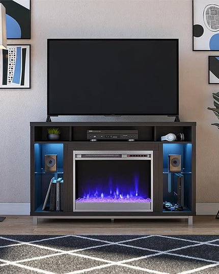 Ameriwood Home Lumina Fireplace TV Stand for TVs up to 48 Inch, Replaceable Electric Fireplace Insert Heater, Remote Control, Timer, Color Changing LED Lights, Crystal Ember Flames, Black Oak - LeafyLoom
