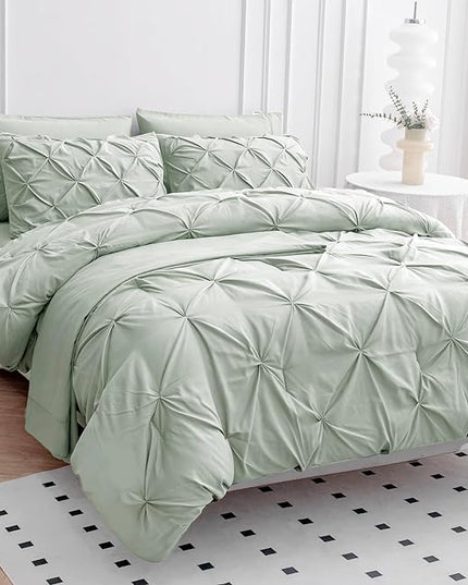LANE LINEN California King Comforter Set, 7 Piece Cal King Bed in a Bag, Pintuck Cal King Bedding Set, Soft Cali King Bed Set, Cal King Bed Comforter Sets with Sheets, Pillowcases & Shams - Mineral - LeafyLoom