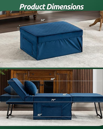 Sofa Bed, 4 in 1 Multi-Function Folding Ottoman Breathable Velvet Couch Bed with Adjustable Backrest Modern Convertible Chair for Living Room Apartment Office,Squared-Blue - LeafyLoom