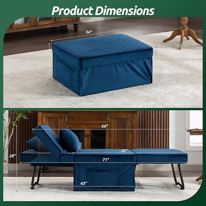 Sofa Bed, 4 in 1 Multi-Function Folding Ottoman Breathable Velvet Couch Bed with Adjustable Backrest Modern Convertible Chair for Living Room Apartment Office,Squared-Blue - LeafyLoom