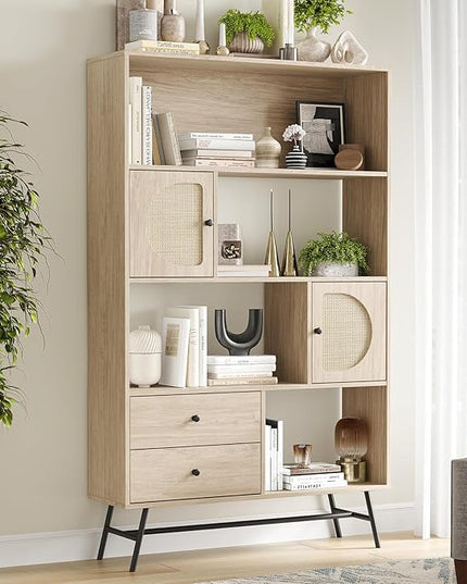 Soohow 4 Shelf Bookcase and Bookshelves with Drawer, 65” Tall Bookcases with Storage Shelves, Bookshelves and Bookcases with Rattan Cabinet and Metal Legs for Home Office, Living Room and Bedroom. - LeafyLoom
