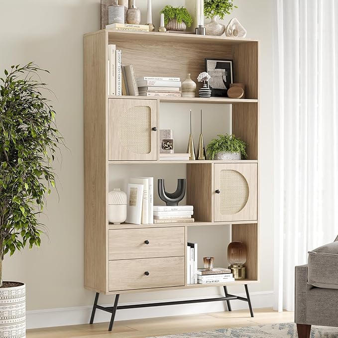 Soohow 4 Shelf Bookcase and Bookshelves with Drawer, 65” Tall Bookcases with Storage Shelves, Bookshelves and Bookcases with Rattan Cabinet and Metal Legs for Home Office, Living Room and Bedroom. - LeafyLoom