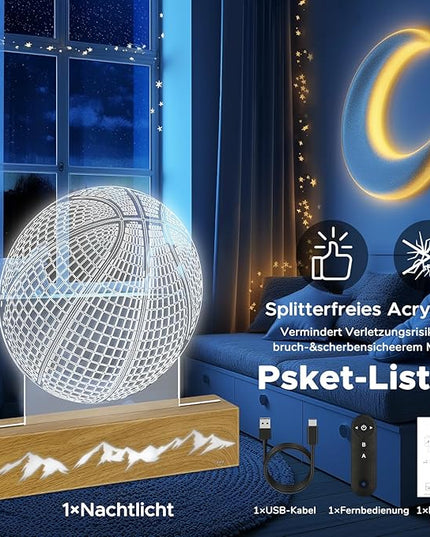 3D Basketball Night Light - Idea Gifts for Kid/fans, Acrylic Night Lights with Remote Control 16 Colors Changing Basketball Decoration - LeafyLoom