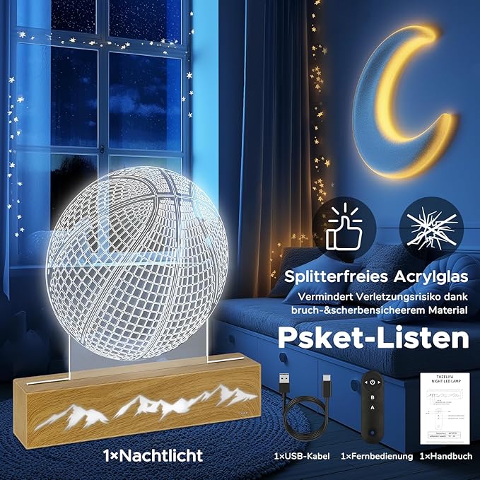 3D Basketball Night Light - Idea Gifts for Kid/fans, Acrylic Night Lights with Remote Control 16 Colors Changing Basketball Decoration - LeafyLoom