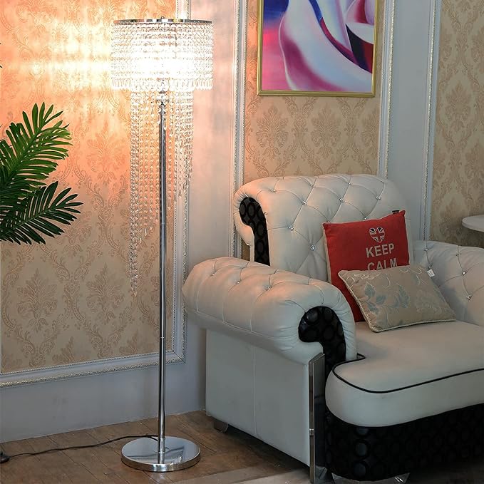 Modern Style Crystals Floor Lamp Chrome Finish and Plentiful Crystals for Reading Corner Lamp for Office Cafe,Den,Living Room Bedroom - 3 Lights - LeafyLoom