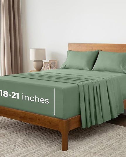 Mellanni Extra Deep California King Sheets - 4 PC Iconic Collection Bedding Sheets & Pillowcases - Hotel Luxury, Ultra Soft, Cooling Bed Sheets - Extra Deep Pocket up to 21 inch (Cal King, Sage) - LeafyLoom