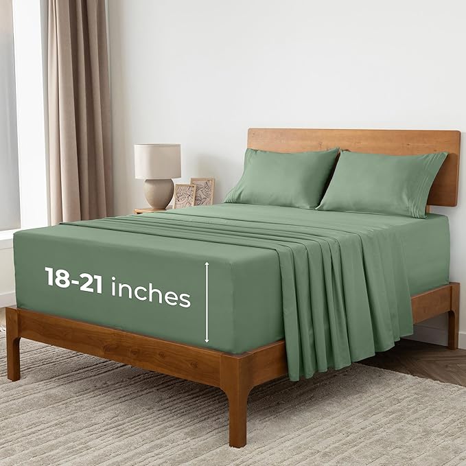 Mellanni Extra Deep King Sheets - 4 PC Iconic Collection Bedding Sheets & Pillowcases - Hotel Luxury, Ultra Soft, Cooling Bed Sheets - Extra Deep Pocket up to 21 inch (King, Sage) - LeafyLoom