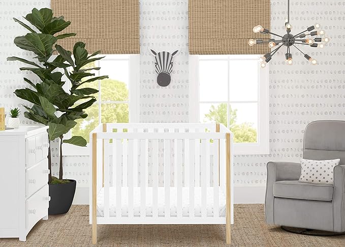 Delta Children Gio Mini Crib with 2.75" Mattress Included, Bianca White/Natural & Serta SleepTrue Mini Crib Mattress, Premium Sustainably Sourced Fiber Core - LeafyLoom