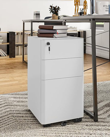 YITAHOME 3-Drawer Metal Filing Drawers with Keys, Compact Slim Portable File Pre-Built Office Storage Cabinet for A4/Letter/Legal (White) - LeafyLoom
