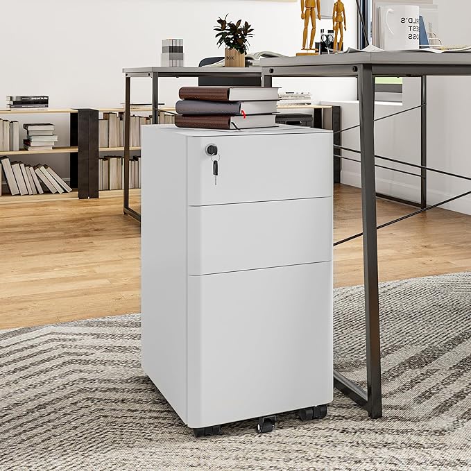 YITAHOME 3-Drawer Metal Filing Drawers with Keys, Compact Slim Portable File Pre-Built Office Storage Cabinet for A4/Letter/Legal (White) - LeafyLoom