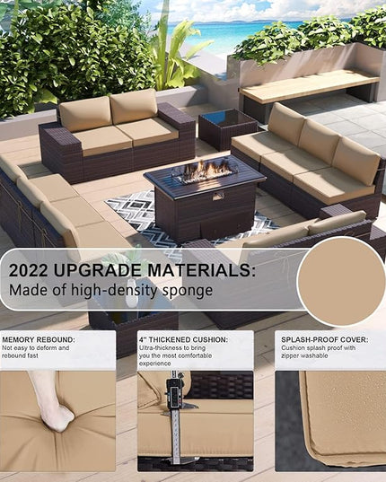 Kullavik 13 Pieces Outdoor Patio Furniture Set with 43" 55000BTU Gas Propane Fire Pit Table PE Wicker Rattan Sectional Sofa Patio Conversation Sets,Sand - LeafyLoom
