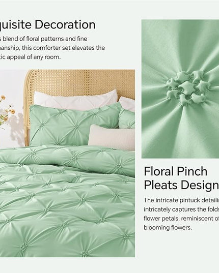 BEDELITE Green Queen Comforter Set - 3 Pieces Boho Pintuck Bedding Comforter Sets, Lightweight Soft & Warm Bed Comforter Queen with 2 Pillowcases for All Season - LeafyLoom