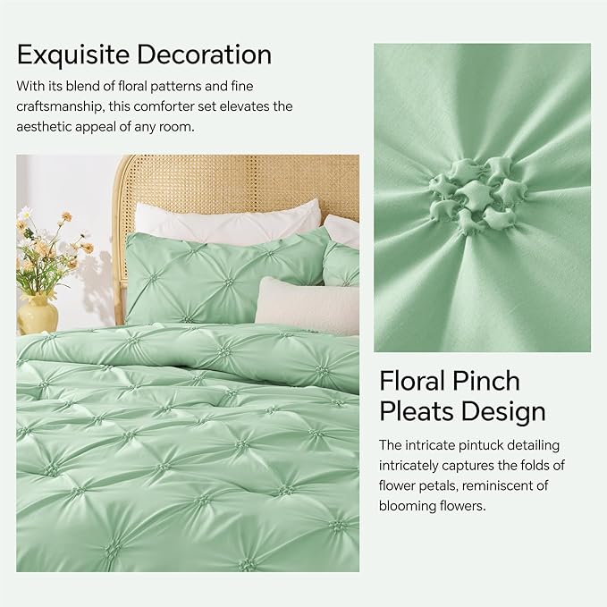 BEDELITE Green Twin Comforter Set for Girls - 2 Peices Boho Pintuck Bedding Comforter Sets, Lightweight Soft & Warm Twin Bedding Sets with 1 Pillowcase for All Season - LeafyLoom