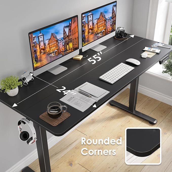 STARY Electric Adjustable Height Sit Stand Home Office Desk with Splice Board, 55x24, Black Desktop/Black Frame - LeafyLoom