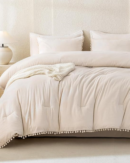 Litanika King Size Comforter Set Beige,3 Pieces Beige Boho Pom Pom Lightweight Bed Comforter, All Season Soft Solid Color Bedding Comforter Sets (1 Comforter 104x90 Inch, 2 Pillowcases) - LeafyLoom