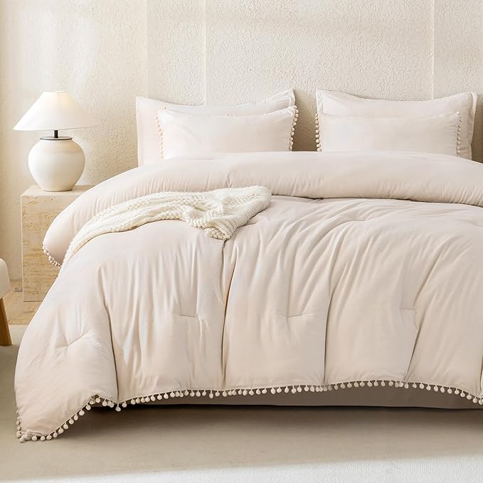 Litanika King Size Comforter Set Beige,3 Pieces Beige Boho Pom Pom Lightweight Bed Comforter, All Season Soft Solid Color Bedding Comforter Sets (1 Comforter 104x90 Inch, 2 Pillowcases) - LeafyLoom