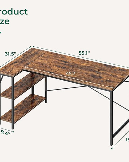 L Shaped Desk, 55 Inches Computer Desk with Reversible Storage Shelves, Gaming Desk, Corner Desk Home Office Desks, Writing Desk Study Desk with Metal Frame, Rustic Brown - LeafyLoom