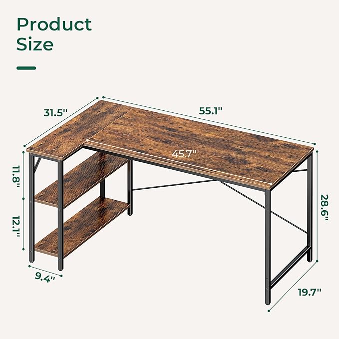 L Shaped Desk, 55 Inches Computer Desk with Reversible Storage Shelves, Gaming Desk, Corner Desk Home Office Desks, Writing Desk Study Desk with Metal Frame, Rustic Brown - LeafyLoom