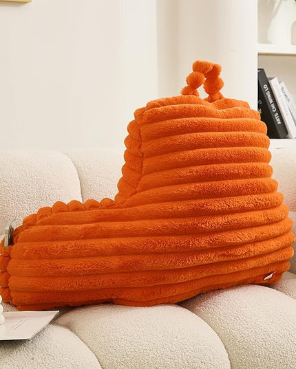 WERDIM Reading Pillow for Sitting in Bed, Faux Fur Back Pillow for Bed Rest, Bed Chair Pillow with Arms and Pockets(Large, Orange) - LeafyLoom