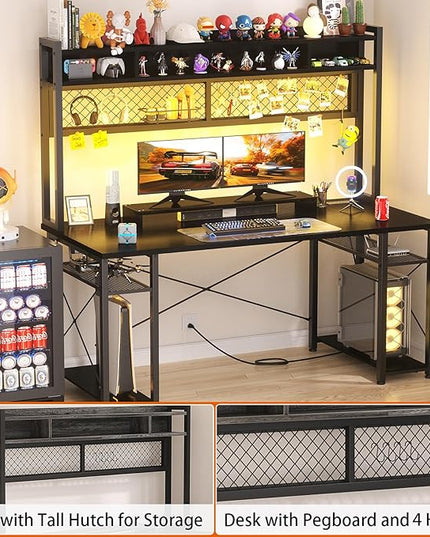 armocity 2024 Upgrade Gaming Desk with Hutch, 55.2'' Magic Computer Desk with LED Lights and Outlets, Reversible Workstation Desk with Pegboard and Monitor Stand, Gamer Desk PC Table, Black - LeafyLoom
