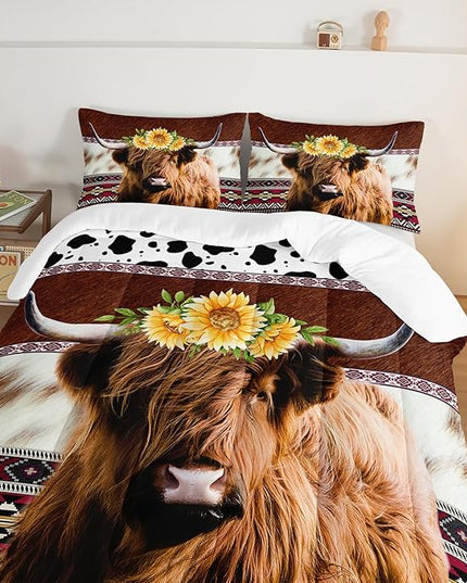 HOSIMA Highland Cow Decor Comforter with 2 Pillowcases,Animal Theme Western Bedding Sets,Brown Cowhide Black White Cow Print Comforter Set,Sunflower Twin Bed in a Bag Sets for Adults Kids. - LeafyLoom