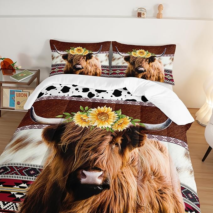 HOSIMA Highland Cow Decor Comforter with 2 Pillowcases,Animal Theme Western Bedding Sets,Brown Cowhide Black White Cow Print Comforter Set,Sunflower Twin Bed in a Bag Sets for Adults Kids. - LeafyLoom