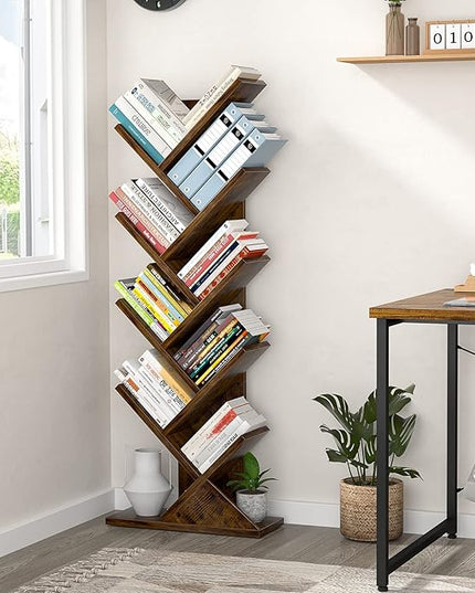 Topfurny Tree Bookshelf, 9-Tier Shelf Rustic Brown Bookcase, Retro Wood Storage Rack for CDs/Movies/Books, Anti-Fall Utility Organizer Shelves for Living Room, Bedroom, Home Office, Rustic - LeafyLoom