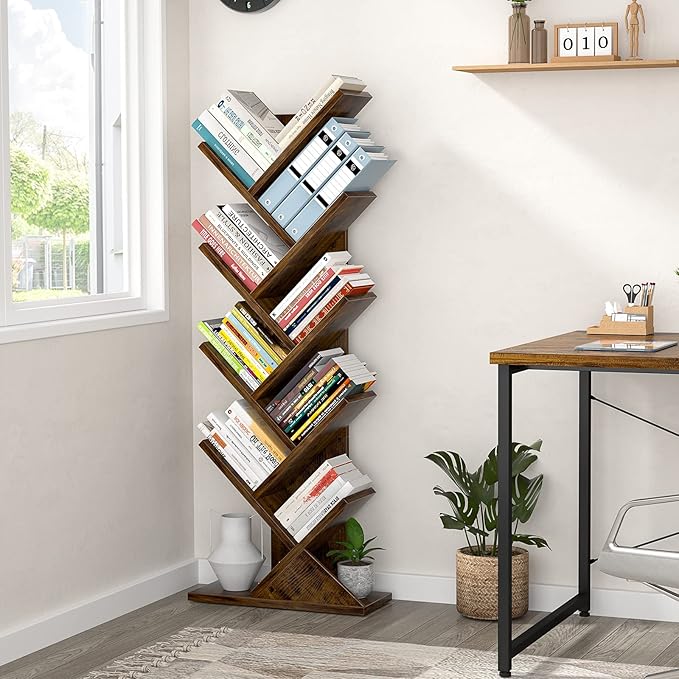 Topfurny Tree Bookshelf, 9-Tier Shelf Rustic Brown Bookcase, Retro Wood Storage Rack for CDs/Movies/Books, Anti-Fall Utility Organizer Shelves for Living Room, Bedroom, Home Office, Rustic - LeafyLoom
