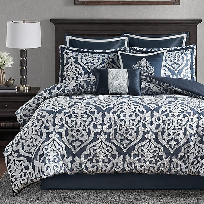 Madison Park Odette Cozy Comforter Set Jacquard Damask Medallion Design - Modern All Season, Down Alternative Bedding, Shams, Decorative Pillows, King(104 in x 92 in), Navy 8 Piece - LeafyLoom