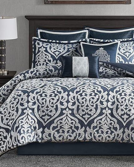 Madison Park Odette Cozy Comforter Set Jacquard Damask Medallion Design - Modern All Season, Down Alternative Bedding, Shams, Decorative Pillows, Cal King(104 in x 92 in), Navy 8 Piece - LeafyLoom