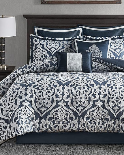 Madison Park Odette Cozy Comforter Set Jacquard Damask Medallion Design - Modern All Season, Down Alternative Bedding, Shams, Decorative Pillows, Queen(90 in x 90 in),Navy 8 Piece - LeafyLoom