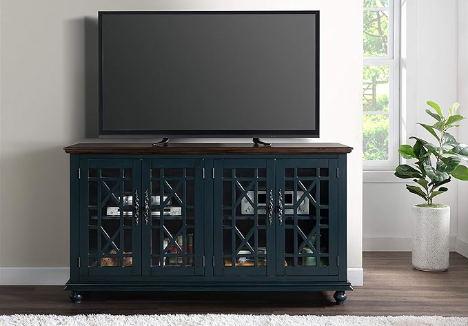 Martin Svensson Home Palisades TV Stand, 63" W x 35" H, Catalina Blue with Coffee Top - LeafyLoom