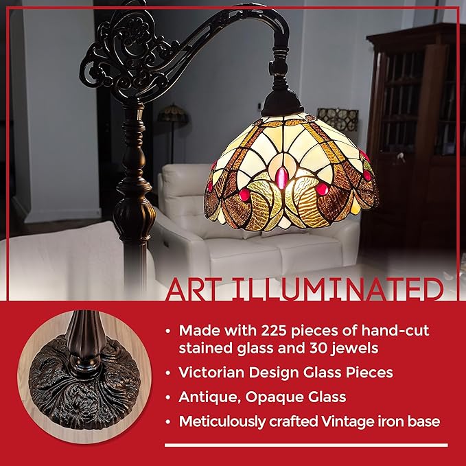 Amora Tiffany Style Floor Lamp Arched Vintage Antique 62" Tall Stained Glass Brown Red Tan Traditional Light Decor Bedroom Living Room Reading Gift AM344FL12 Lighting - LeafyLoom